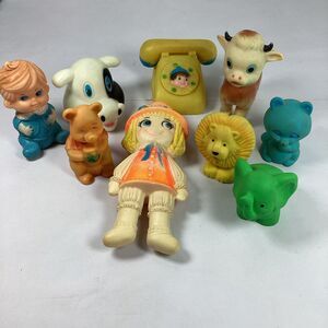 Vtg Rubber Squeak Toy Lot Avon Sanitoy Doll Baby Lion Bear Pooh Cow Phone